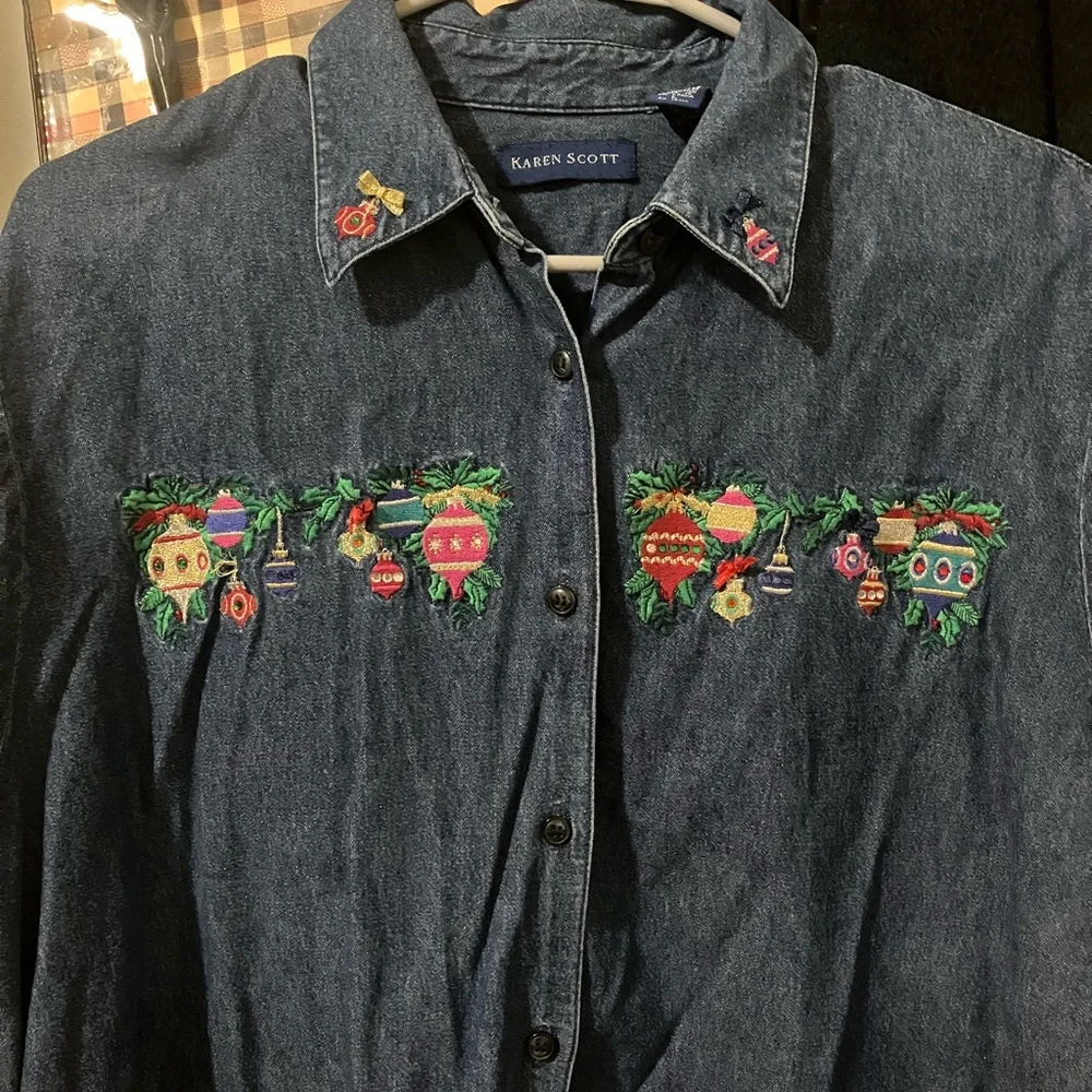 Karen Scott Blue Denim Shirt with Embroidery - Picture 1 of 4